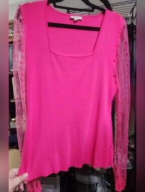 EESOME Women's Hot Pink Square Neck Top with Sheer Polka Dot Sleeves